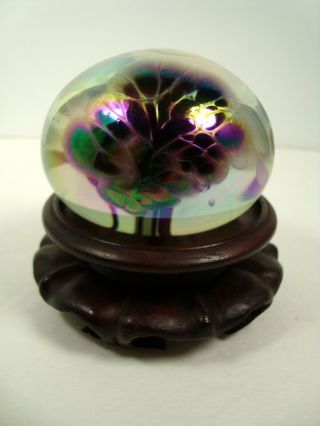 Mt.  St Helen Ash Paperweight Iridescent Art Glass With Craved Stand
