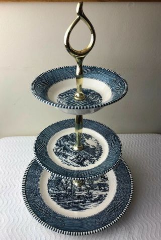 Currier And Ives 3 Tier Tidbit Tray,  Royal China Usa Blue