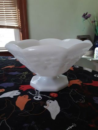 Vintage Large White Milk Glass Pedestal/footed Fruit Bowl.  Grape Pattern