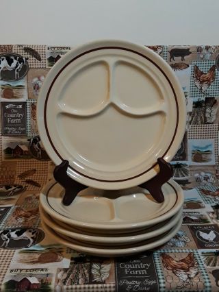 Set Of 4 Vintage Buffalo China Tan W/ Maroon Band Restaurant Ware Divided Plates