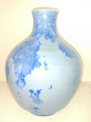 Crystalline Glaze Studio Pottery Vase Vivid Blue With Grey Art Pot Signed 8 "