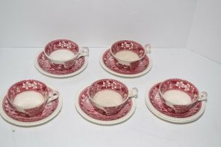 Vintage Set Of 5 Copeland Spode Pink Tower Cups & Saucers