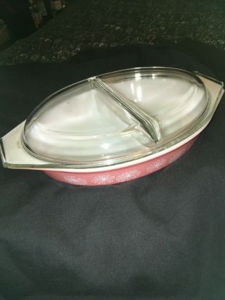 Vintage Pyrex 1 1/2 Quart Pink Daisy Divided Casserole Dish With Divided Lid
