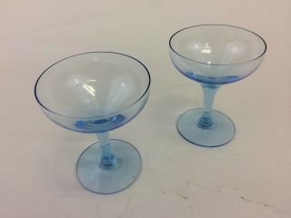Set Of 2 Blue Colored Champagne Glasses Bar Ware 4.  25 " Vintage Mid Century