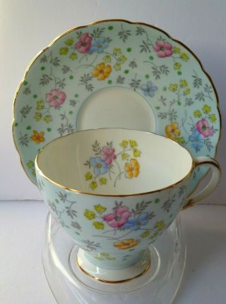 Lovely Foley England Chintz Type Tea Cup & Saucer Pale Blue