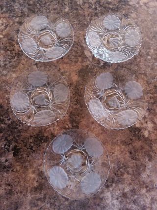Set Of 5 Matching Depression Pressed Glass Plates Saucers Etched Flowers