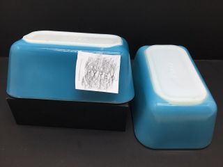 2 Vintage Pyrex 502 - B Turquoise Primary Blue Refrigerator Dish Mini Loaf Pan