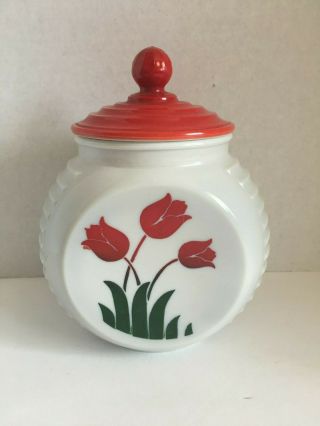 Anchor Hocking Vitrock Red Tulips Glass Range Grease Jar With Lid