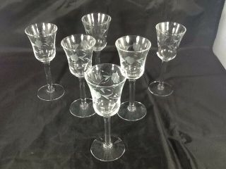Set Of 6 Vintage Etched Clear Small Glasses Goblets Cordials 5 3/4 "