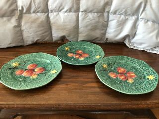 Majolica Hand Painted Germany 3 Plates Green Basketweave Plums Set Numbered