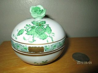 Herend Hungary Green Chinese Bouquet Porcelain 3 " Trinket Box Dish Applied Rose