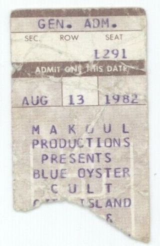 Rare Blue Oyster Cult 8/13/82 Harrisburg Pa City Island Concert Ticket Stub