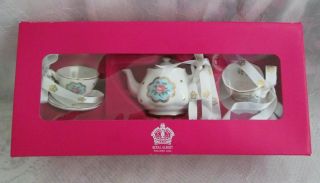 Royal Albert Polka/blue/pink Rose Christmas Ornament Set Teapot & 2 Teacups