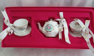Royal Albert Polka/Blue/Pink Rose Christmas Ornament Set Teapot & 2 Teacups 2