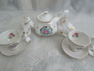 Royal Albert Polka/Blue/Pink Rose Christmas Ornament Set Teapot & 2 Teacups 3