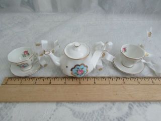 Royal Albert Polka/Blue/Pink Rose Christmas Ornament Set Teapot & 2 Teacups 4