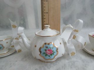 Royal Albert Polka/Blue/Pink Rose Christmas Ornament Set Teapot & 2 Teacups 5
