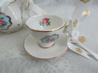 Royal Albert Polka/Blue/Pink Rose Christmas Ornament Set Teapot & 2 Teacups 7