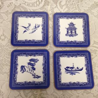 Vintage,  Rare,  4 - Pc Blue Willow Cork Board Coasters,  4in Square Each