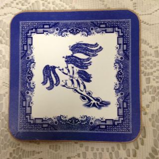 Vintage,  Rare,  4 - pc Blue Willow Cork Board Coasters,  4in Square Each 5