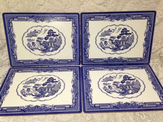 Vintage,  Rare,  4 - pc Blue Willow Cork Board Coasters,  4in Square Each 8