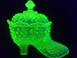 Green Vaseline Glass Hobnail Pattern Covered Shoe Slipper Boot Uranium Candy Art
