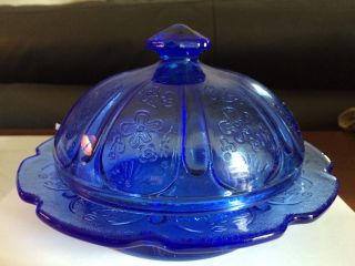 Cobalt Blue Round Butter Dish Or Cheese Dish Or Dessert Cake Glass Display