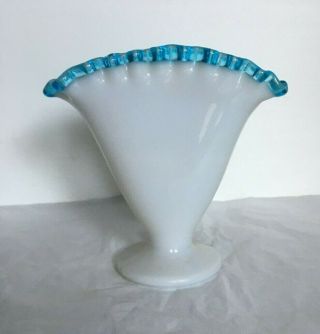 Vintage Fenton Aqua Crest Milk Glass 4 1/2 " T Fan Vase Crimped Blue Edges