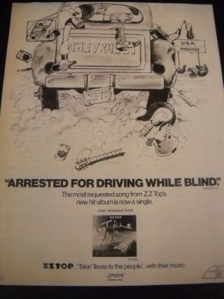 Zz Top Preserved 1977 Promo Poster Ad Arrested For Driving While Blind