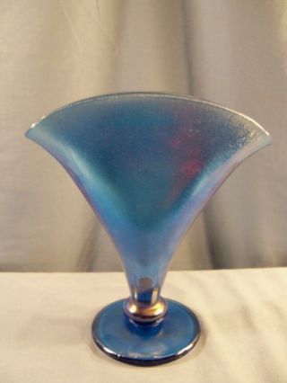 Fenton Blue Iridescent Stretch Glass Fan Vase - 8 1/2 " Tall