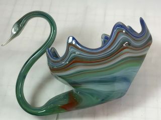 Vintage Blue And Green Swirled Murano Swan Glass Dish Bowl