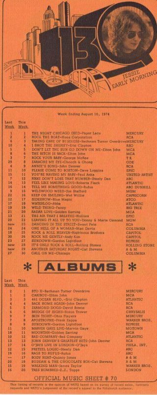 13q Wktq Pittsburgh Vintage August 10 1974 Music Survey Elton John Eric Clapton