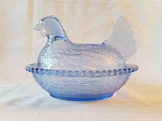 Vintage Indiana Blue Glass Chicken Hen On Nest Candy Dish W/ Lid Euc