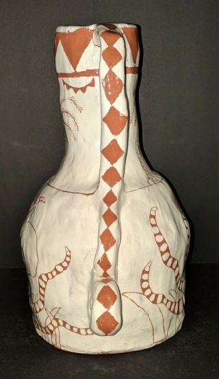 Studio Art Pottery Double Handle Jug (Red Clay) Hand Painted Octopus / Kraken 4
