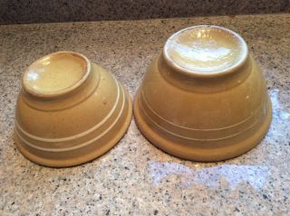 Pr Of Antique Yellow Ware & White Stripes Mixing Bowls 6.  50” & 5.  50”