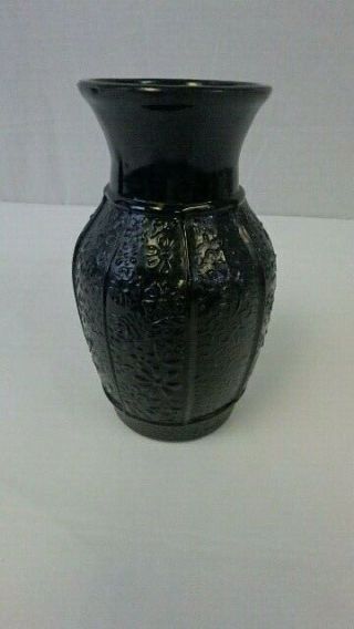 Vintage Art Deco Le Smith Black Amethyst Glass Vase With Floral Design
