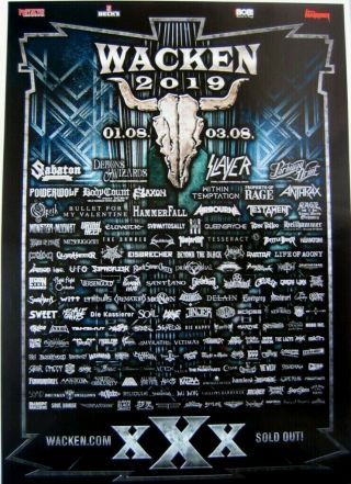 Wacken Festival 2019 Promo Poster / Slayer,  Anthrax,  Rage,  Sabaton Etc 18x13 In