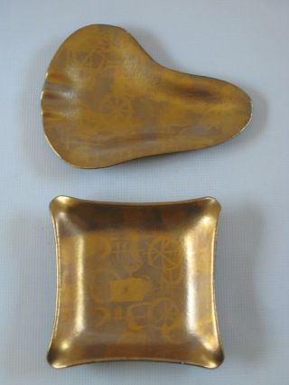 Two Vintage Sascha Brastoff Abstract Gold Pottery Ashtrays - Mid Century Modern