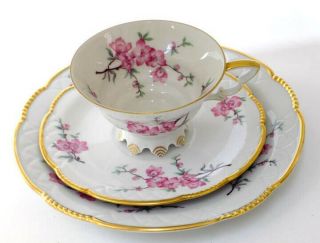 Mitterteich Trio Footed Cup Saucer Dessert Plate Cherry Blossom Pattern Germany