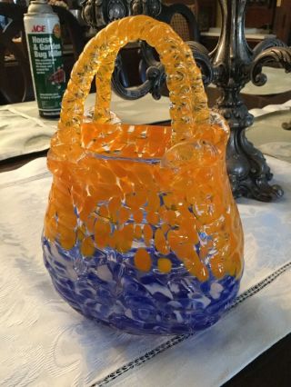 Vintage Murano Style Hand Blown Studio Art Glass Vase Orange Basketweave Pattern