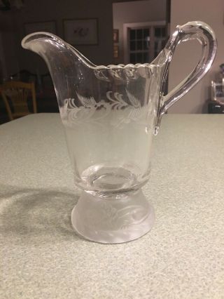 Antique Gillinder Eapg Glass Pitcher,  Etched And Frosted Lion Footed Base