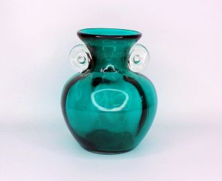 Aqua Blue Green Art Glass Handblown Vase With Handles