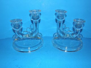 Set Of 2 Vintage Clear Depression Era Glass Double Candle Holders - Elegant