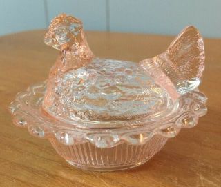 Pink Glass Hen On Nest Chick Salt Dish Dip Mosser Mini 2.  75 "