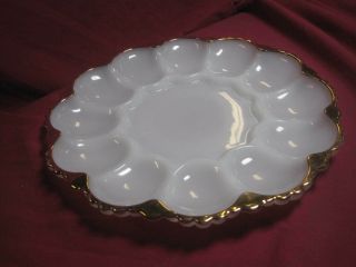 Vintage White Milk Glass Devil Egg Plate / Gold Trim Pressed Serving Dish 10 "