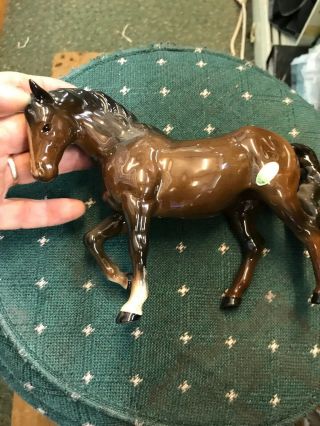 Vintage Beswick England Brown Gloss Jogging Mare Horse Fore Leg Up