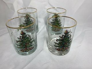 Spode Christmas Tree Glasses Set Of 4 Four Double Old Fashioned Gold Rim 12 Oz