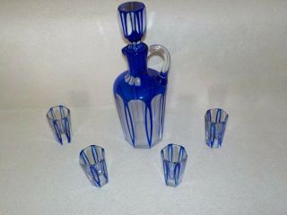 Vtg Bar Set: 4 Shot Glasses & Decanter Cobalt Blue Color & Clear Stripe Art Deco