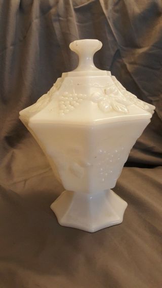 Vintage Milk Glass Footed Candy Dish With Lid,  Grape & Leaf Design
