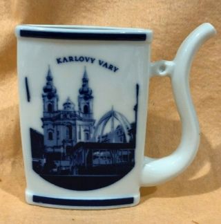 Karlovy Vary Straw Sipping Cup White Blue Czech Porcelain Spa Water Drinking Cup